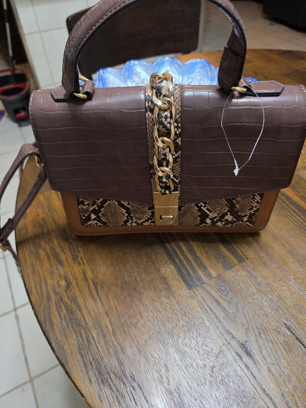 Aldo Brown Croc-Effect Satchel with Snake-Print and Gold Chain